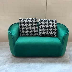 Emerald Green 1:6 Scale Dollhouse Loveseat - Modern Dutch Flannel Mini Sofa for 12-inch Dolls | Handmade Customizable Miniature Furniture
