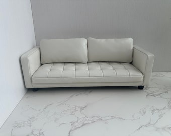 Customizable 1:6 Scale Dollhouse Miniature Couch, Handmade pure white pull-point tufted leather sofa, Doll furniture, Micro three-seat couch