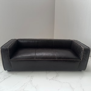 Customizable 1:6 Scale Dollhouse Miniature Couch, Handmade Black-brown wax leather Sofa, Goose Feather Filled Seamed Doll Sofa, Gift for her