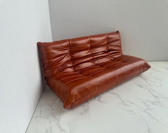 Handmade Miniature Leather Sofa, Orange-Red, 1:6 Scale, Pleated Vintage Design