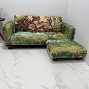 Dollhouse 1:6 Scale miniautre couch set with ottoman, Mini Handmade Furniture, Green oil painting jacquard linen couch, Gift for doll