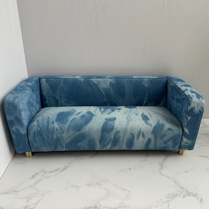 1:6 scale Doll sofa in faded denim, Handmade miniature dollhouse sofa bench, Dollhouse Sofa Furniture, Miniature couch, Gift for doll