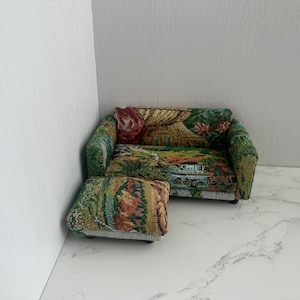 Dollhouse 1:12 Scale miniautre couch set with ottoman, Handmade Doll Furniture, Green oil painting jacquard linen couch, Gift for Doll/Her