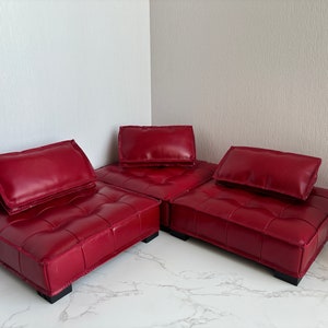 Handmade 1:6 scale Deep red low-cushion sofa, Miniature sofa with pull-point craftsmanship, Living room Genuine leather corner modular sofa