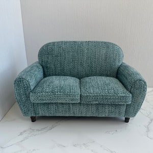 1:6 Scale Gray orchid linen Miniature Loverseat Couch, Dollhouse miniature furniture, Handmade mini sofa model, Modern minimalist couch