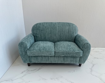 1:6 Scale Gray orchid linen Miniature Loverseat Couch, Dollhouse miniature furniture, Handmade mini sofa model, Modern minimalist couch