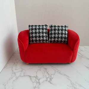 Dollhouse 1:6 Scale Red Dutch flannel miniature couch, Mini loveseat doll sofa, Gift for doll, Handmade doll furniture, Minimalist sofa