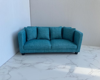 Handmade 1:6 Scale Lake blue Linen Miniature  Couch, Dollhouse Furniture