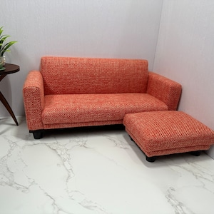 1:6 1/12 Scale Dollhouse miniautre couch set with ottoman, Handmade Furniture, Orange linen sofa and footstool, Solid Color Minimalist Sofa