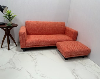 1:6 Scale Dollhouse Orange Linen Sofa with Ottoman, Handmade Miniature Furniture