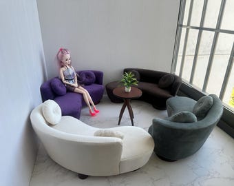 Handmade 1:6 Scale Miniature Doll Sofa, Velvet Mini Couch, Dollhouse Furniture
