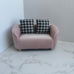 Dollhouse 1:6 Pink Dutch flannel miniature couch, Pink loveseat doll couch, Handmade doll furniture, Minimalist sofa, Gift for doll/her