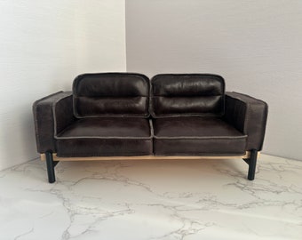 Customizable 1:6 Scale Dollhouse Vintage Tufted  Couch - Handcrafted with Solid Wood Frame and Premium Sheepskin Upholstery