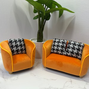 Customizable 1:12 Scale Dollhouse Miniature Sofa Pillow Set, Yellow Dutch Velvet Handmade mini Sofa With Gold Trim, Gift for doll