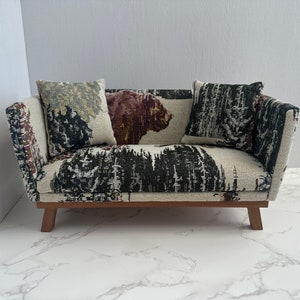 1:6 Scale Dollhouse miniautre couch, Bear Embossed Jacquard linen Couch, Handmade doll furniture, Vintage Print doll sofa, Gift for doll