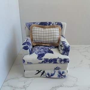 1:6 Scale Purple printed linen single seater sofa chair for 12&quot; Doll, Handmade king(throne) sofa with Tassel pillow, Dollhouse Furniture