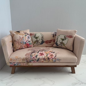 Dollhouse 1:6 Scale Pink printed flannel Miniautre Couch, Handmade Dollhouse furniture, Flower and bird pattern velvet sofa, Gift for her