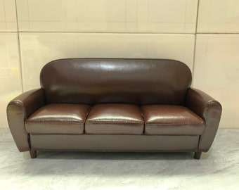 1:6 Scale Dollhouse Miniatures Genuine Leather Couch, Handmade Dark coffee doll furniture, Minimalist sheepskin sofa, Gift for her