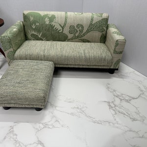 1:6 1/12 Scale Dollhouse miniautre couch set with ottoman, Handmade Doll Gift, Light-green printed linen sofa and footstool,Minimalist Sofa