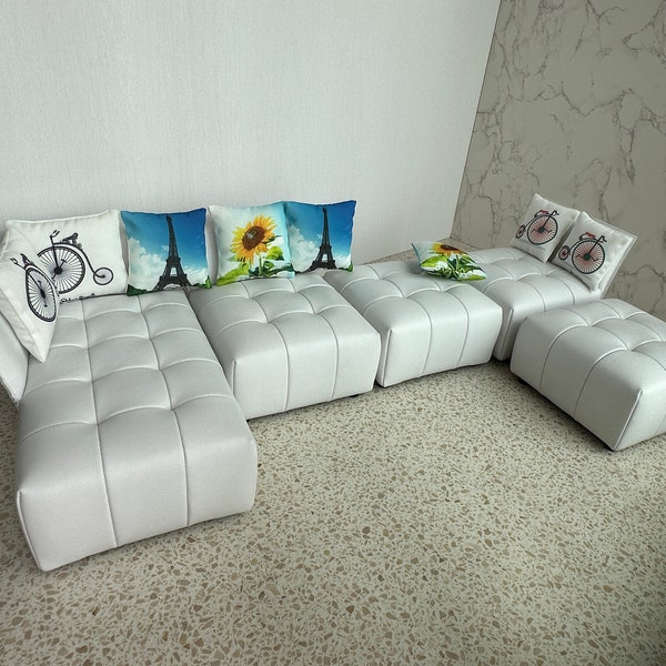 1: 4 Premium Weiß Leder Puppenhaus Sofa Set, handgefertigte modulare Puppensofa Kit, Puppenhaus Möbel, Geschenk für Puppe