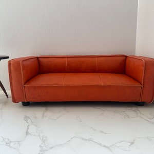 Customizable 1:6 Scale Dollhouse Miniature Couch,  Handmade Vintage Orange Oil Wax Sofa, Goose Feather Filled Seamed Doll Sofa, Gift for her
