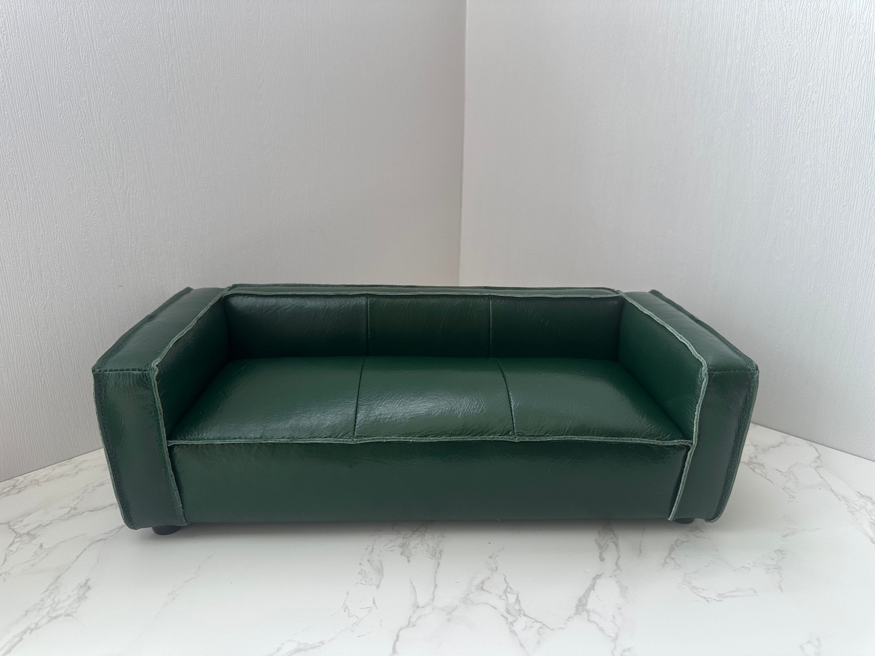 Customizable 1:6 Scale Dollhouse Miniature Couch,  Handmade Dark green wax leather Sofa, Goose Feather Filled Seamed Doll Sofa, Gift for her