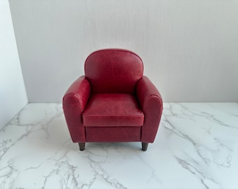 Wine Red 1:6 Scale single seat Genuine Leather sofa chair, Dollhouse miniature chair,  Handmade Doll Furniture, Modern minimalist sofa