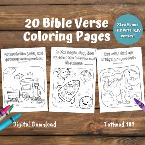 May include: A set of 20 printable coloring pages featuring Bible verses. Each page includes a black and white illustration and a Bible verse. The illustrations include a train, a rocket, a dinosaur, and more. The text on the page reads "20 Bible Verse Coloring Pages".