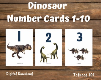 Dinosaur Counting Cards 1-10, Printable Number Flashcards, Counting Activity, Preschool Counting, Learn to Count, Homeschool