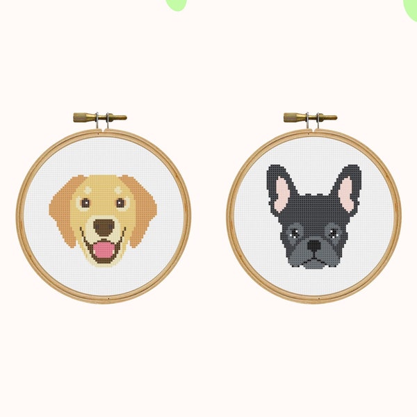 Mini Dogs Cross Stitch Pattern - SET OF 2 - Golden Retriever - French Bulldog - Pets - Animal Xstitch - Puppy - PDF Download - Breeds - Diy