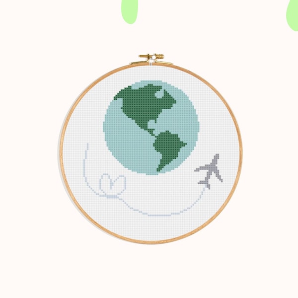 Fly the Globe Cross Stitch Pattern - PDF Download - Travel the World - Earth - Airplane - Flying Pilot - Planet - Traveller - Explore - Easy