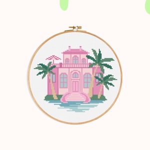 Dreamhouse Cross Stitch Pattern - Digital PDF Download - California Pink House - Palm Trees - Malibu Palms - Doll House - Easy Patterns