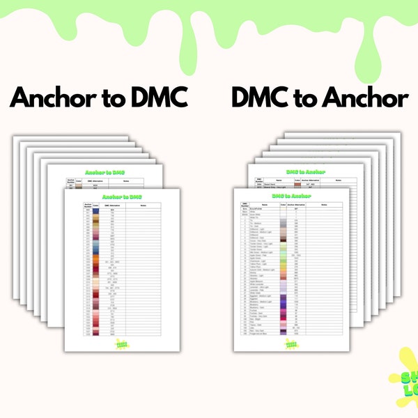 Printable DMC to Anchor - Anchor to DMC Thread Conversion Charts - PDF Embroidery Inventory - Dmc & Anchor Thread List - Floss Conversion