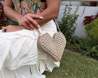 Handmade Macrame Heart Bag, Cotton Purse with Chain Handle