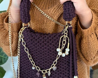 Handmade Crochet Purse with Gold Chain and Charms
