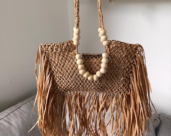 Handmade Raffia Macrame Bag with Wood Beads, Summer Fringe Tote