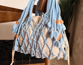 Blue Macrame Handbag, 100% Cotton Cord Purse, Beaded Accent Bag