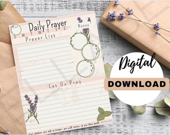 Può includere: Un planner di preghiera giornaliero stampabile con un design floreale di lavanda. Il planner include sezioni per una data, i giorni della settimana, un elenco di preghiere, note e uno spazio per scrivere "Preghiamo". Il planner include anche una citazione da Matteo 21:22.