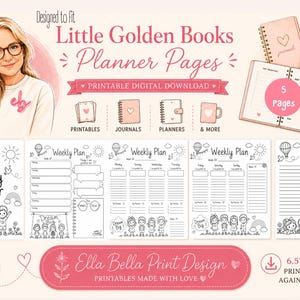 May include: A set of five printable digital planner pages featuring black and white line art illustrations of children, rainbows, and suns. The pages include weekly planners and notes sections with the text Little Golden Books Planner Pages.
