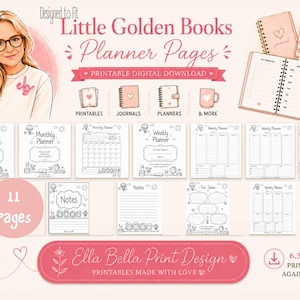 May include: A digital download set of 11 printable planner pages featuring Little Golden Books themes. The collection includes monthly and weekly planners, note sheets, and fun ideas pages with black and white illustrations. Dimensions are 6.5" x 8".