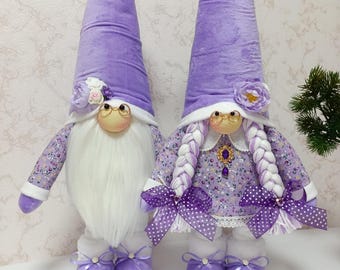 Large Handmade Lavender Gnome Couple: Luxury Scandinavian Decor (23")