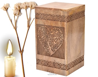 Mango wood Urn for Human Ashes - Tree of Life Wooden Box - Personalized Cremation Urn for Ashes Handcrafted Large Wooden Urn Box |