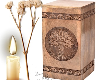 Mango wood Urn for Human Ashes - Tree of Life Wooden Box - Personalized Cremation Urn for Ashes Handcrafted Large Wooden Urn Box |