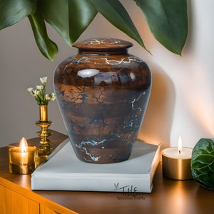 Fractal Burning Turn Wood Adult Cremation Urns | Wooden Urns for Ashes – Brass Threaded Lid Funeral Urn for Human Ashes or Pet Ashes urn.