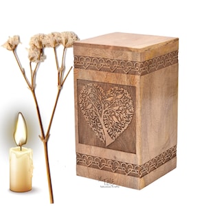 Mango wood Urn for Human Ashes - Tree of Life Wooden Box - Personalized Cremation Urn for Ashes Handcrafted Large Wooden Urn Box |