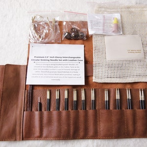 Ebony Interchangeable Knitting Needles set Short and  Long Tips Genuine Leather.