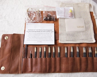 Ebony Interchangeable Knitting Needles set Short and  Long Tips Genuine Leather.