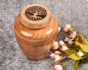 Stunning Mango Wood Urn for Human Ashes , Urn for Human Ashes Full Size , Engraving wooden urn