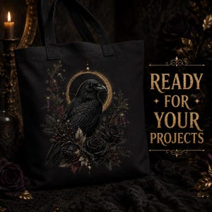 Gothic raven PNG applied to a black tote bag for DTF, sublimation and personal craft projects.