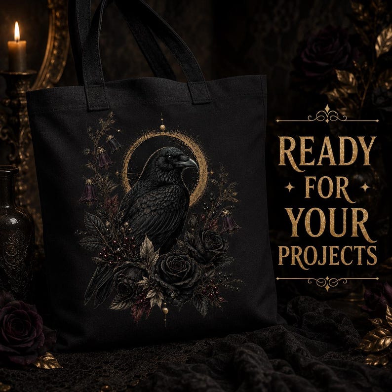 Gothic raven PNG applied to a black tote bag for DTF, sublimation and personal craft projects.